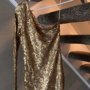 Guess XS gold sequin mesh one shoulder dress